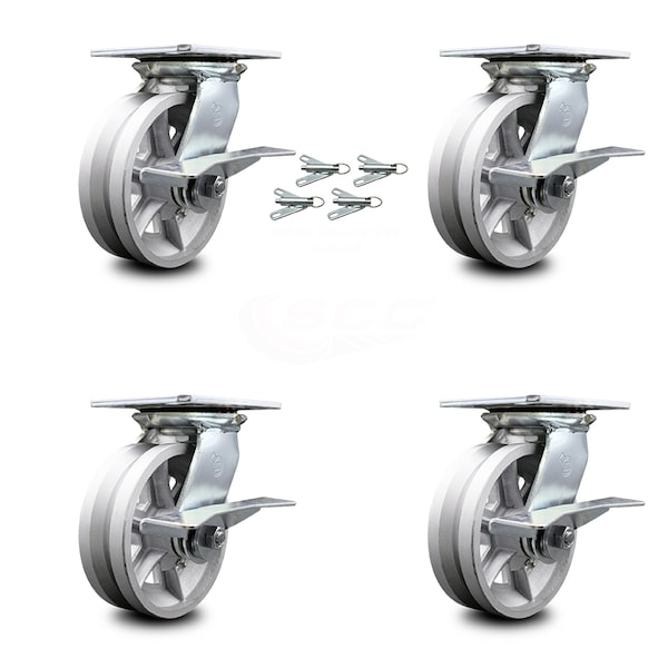 6 Inch V Groove Semi Steel Caster Set with Ball Bearings and Brakes/Swivel Locks